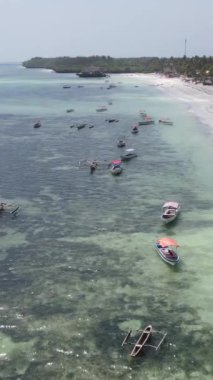 Tekne, okyanustaki tekneler Zanzibar, Tanzanya kıyısı, yavaş çekim, dikey video