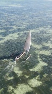 Tekne, okyanustaki tekneler Zanzibar, Tanzanya kıyısı, yavaş çekim, dikey video