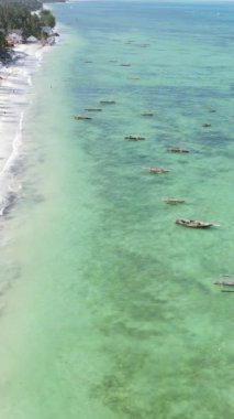 Tekne, okyanustaki tekneler Zanzibar, Tanzanya kıyısı, yavaş çekim, dikey video