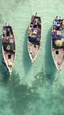 Tekne, okyanustaki tekneler Zanzibar, Tanzanya kıyısı, yavaş çekim, dikey video