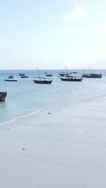 Łódź, łodzie w oceanie u wybrzeży Zanzibaru, Tanzania, zwolnione tempo, pionowe wideo — Wideo stockowe