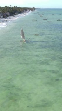 Tekne, okyanustaki tekneler Zanzibar, Tanzanya kıyısı, yavaş çekim, dikey video