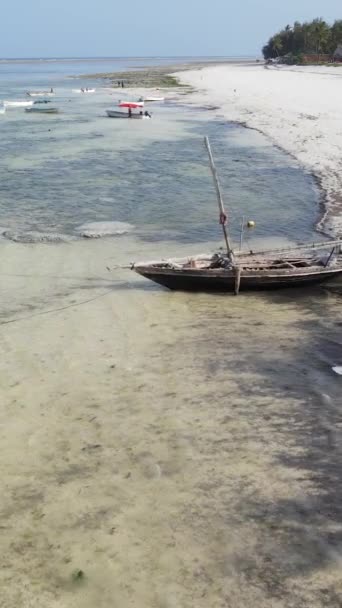 Boot, boten in de oceaan bij de kust van Zanzibar, Tanzania, slow motion, verticale video — Stockvideo