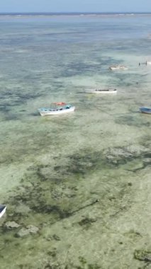 Tekne, okyanustaki tekneler Zanzibar, Tanzanya kıyısı, yavaş çekim, dikey video