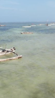 Tekne, okyanustaki tekneler Zanzibar, Tanzanya kıyısı, yavaş çekim, dikey video