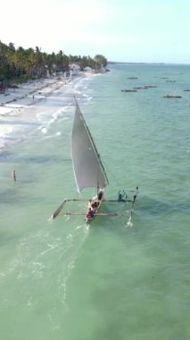 Tekne, okyanustaki tekneler Zanzibar, Tanzanya kıyısı, yavaş çekim, dikey video