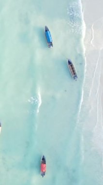 Tekne, okyanustaki tekneler Zanzibar, Tanzanya kıyısı, yavaş çekim, dikey video