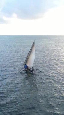Tekne, okyanustaki tekneler Zanzibar, Tanzanya kıyısı, yavaş çekim, dikey video