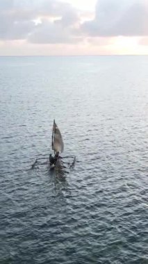 Tekne, okyanustaki tekneler Zanzibar, Tanzanya kıyısı, yavaş çekim, dikey video