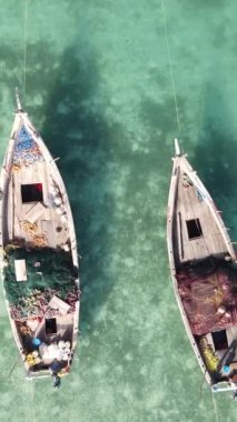 Tekne, okyanustaki tekneler Zanzibar, Tanzanya kıyısı, yavaş çekim, dikey video