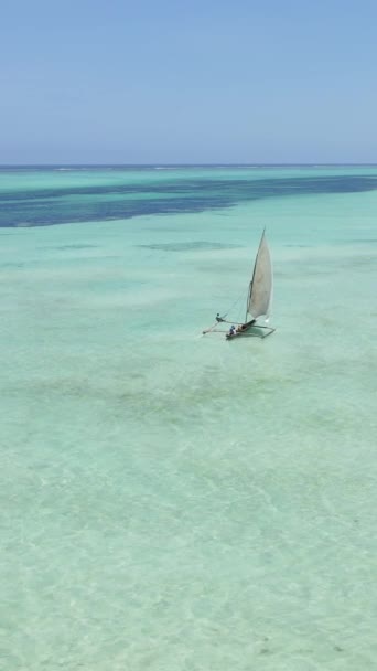 Barcos, barcos no oceano perto da costa de Zanzibar, Tanzânia, câmera lenta, vídeo vertical — Vídeo de Stock