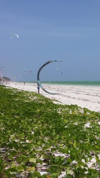 Tanzanie - vertikální video kitesurfing u břehu Zanzibaru, zpomalení — Stock video