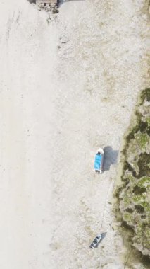 Tanzanya - Zanzibar kıyıları yakınlarındaki okyanusta alçak gelgitin dikey videosu, yavaş çekim