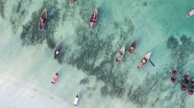 Zanzibar, Tanzanya kıyısı yakınlarındaki okyanusta dikey video tekneleri.