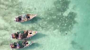 Zanzibar, Tanzanya kıyısı yakınlarındaki okyanusta dikey video tekneleri.
