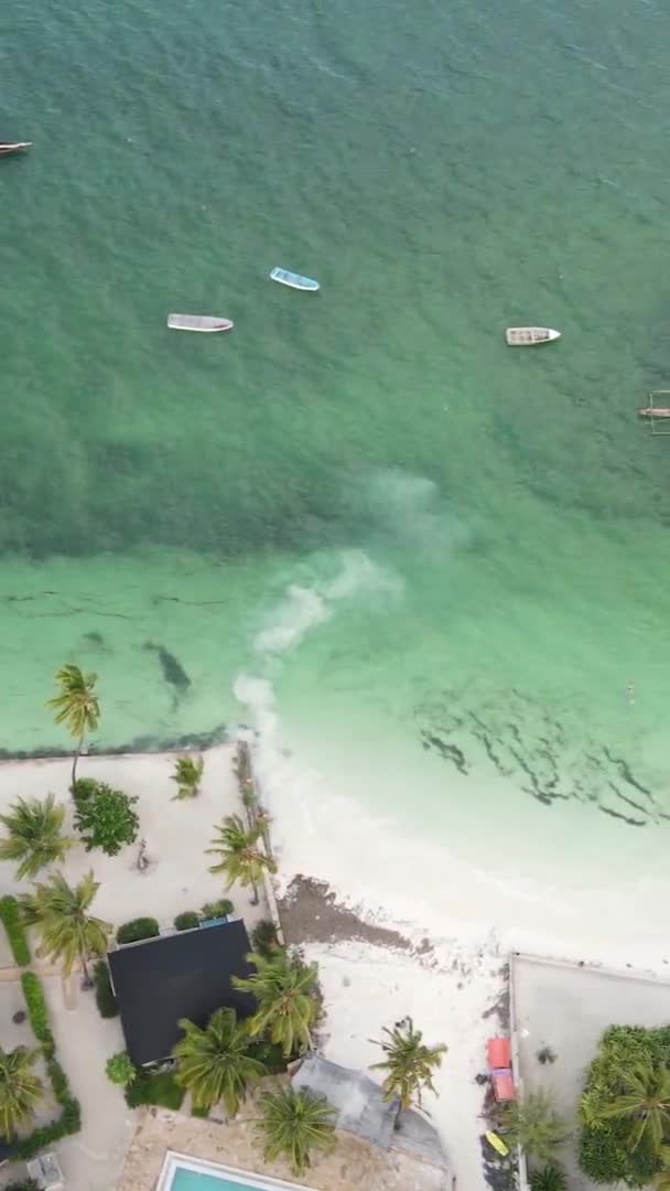 Vertical video boats in the ocean near the coast of Zanzibar, Tanzania, aerial view — Stock Video