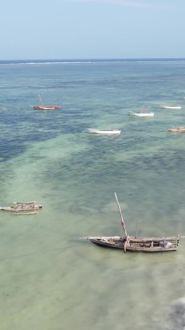 Vertical video boats in the ocean near the coast of Zanzibar, Tanzania, aerial view — Stock Video