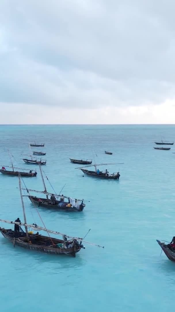 Vertikale Videoboote im Ozean vor der Küste von Sansibar, Tansania, Luftaufnahme — Stockvideo