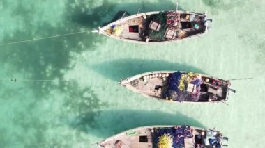 Zanzibar, Tanzanya kıyısı yakınlarındaki okyanusta dikey video tekneleri.