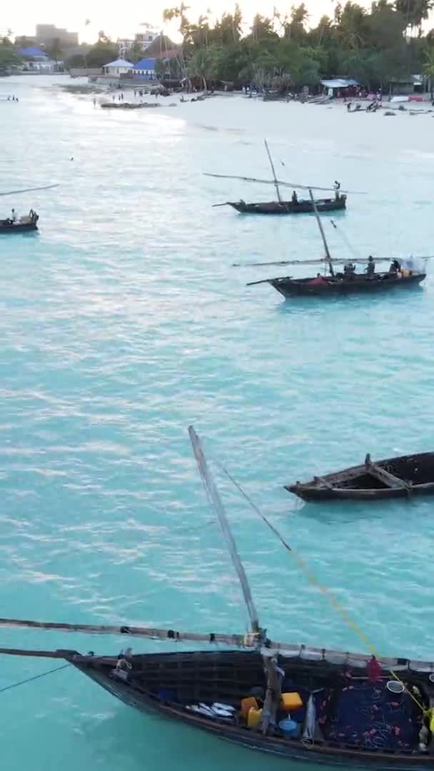 Video barche verticali nell'oceano vicino alla costa di Zanzibar, Tanzania, vista aerea — Video Stock