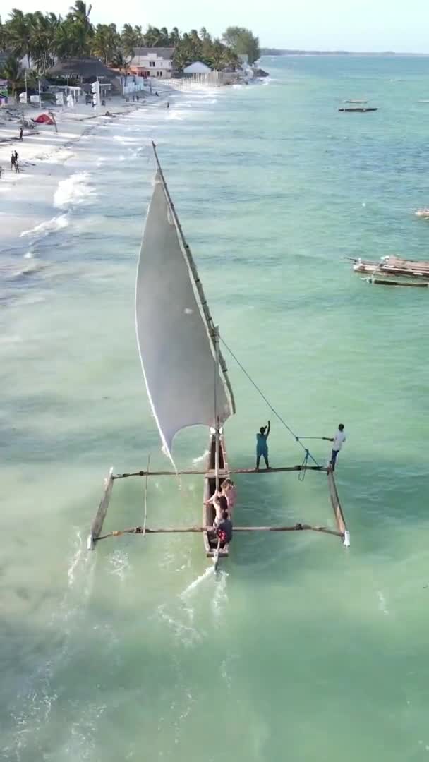 Vertikala videobåtar i havet nära kusten i Zanzibar, Tanzania, antenn utsikt — Stockvideo