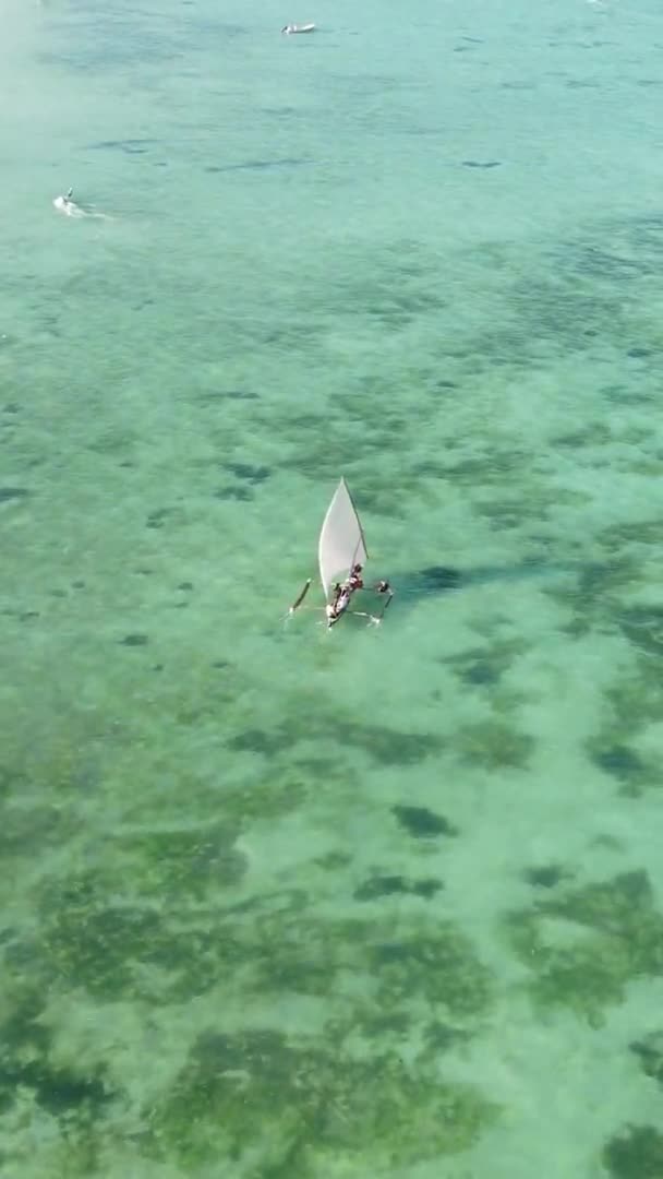 Verticale videoboten in de oceaan bij de kust van Zanzibar, Tanzania, luchtfoto 's — Stockvideo