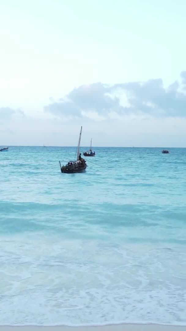 Κάθετες βάρκες βίντεο στον ωκεανό κοντά στην ακτή της Ζανζιβάρης, Τανζανία, εναέρια άποψη — Αρχείο Βίντεο