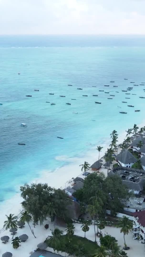 Video barcos verticales en el océano cerca de la costa de Zanzíbar, Tanzania, vista aérea — Vídeos de Stock