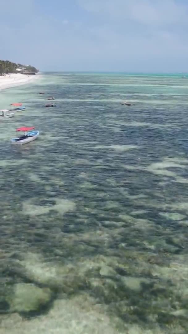 Vertikala videobåtar i havet nära kusten i Zanzibar, Tanzania, antenn utsikt — Stockvideo