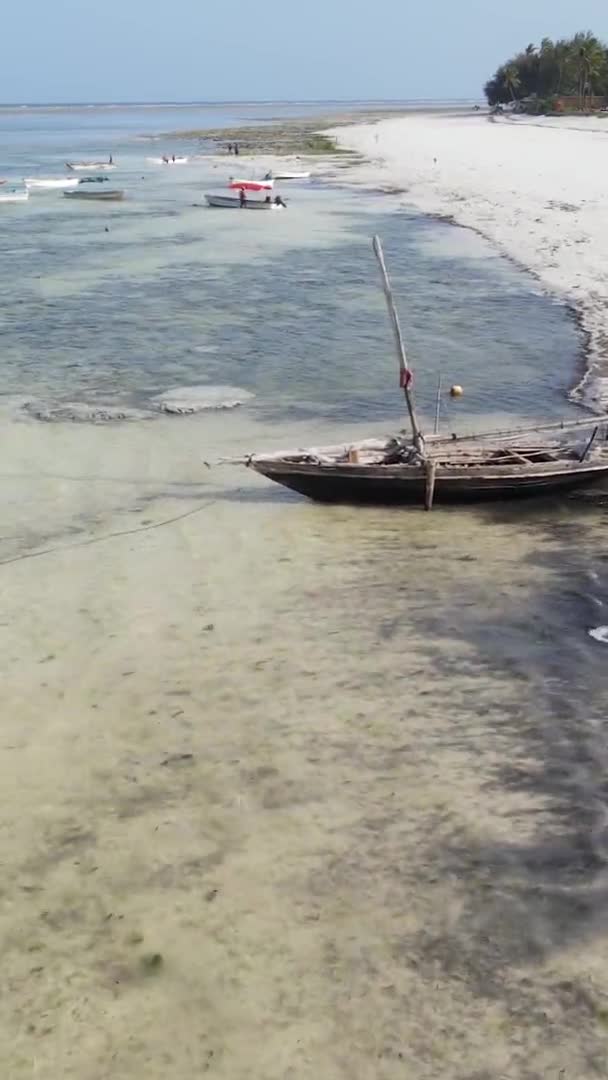 Vertikala videobåtar i havet nära kusten i Zanzibar, Tanzania, antenn utsikt — Stockvideo