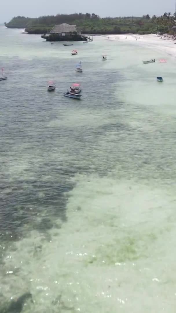 Verticale videoboten in de oceaan bij de kust van Zanzibar, Tanzania, luchtfoto 's — Stockvideo