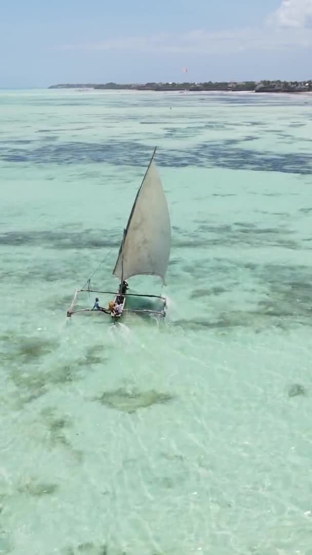 Verticale videoboten in de oceaan bij de kust van Zanzibar, Tanzania, luchtfoto 's — Stockvideo