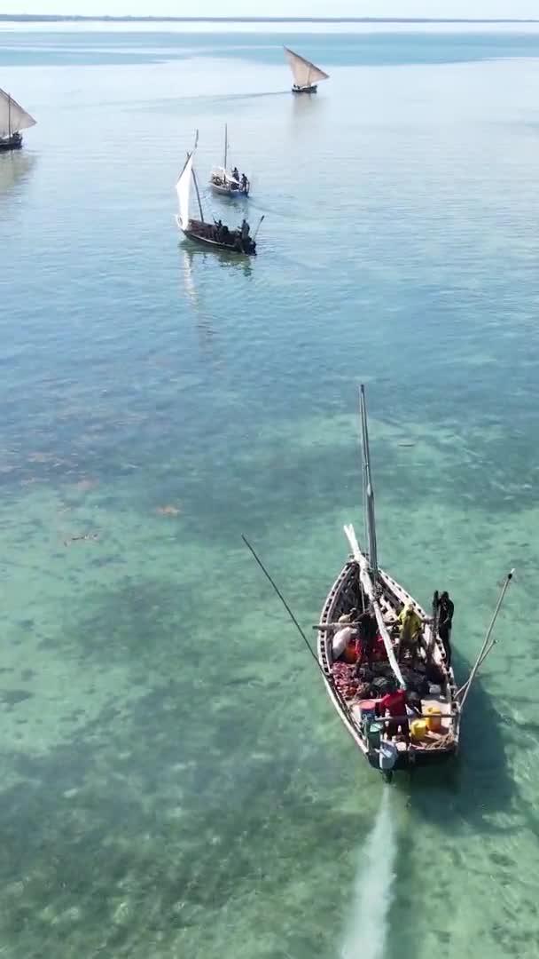Vertikální video čluny v oceánu u pobřeží Zanzibaru, Tanzanie, letecký pohled — Stock video