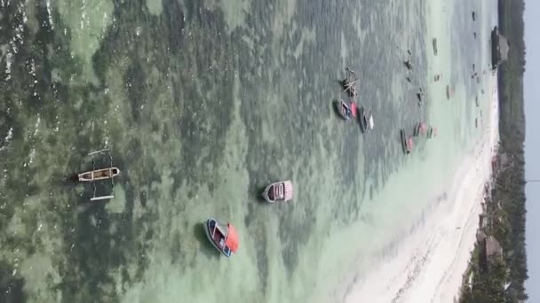 Bateaux vidéo verticaux dans l'océan près de la côte de Zanzibar, Tanzanie, vue aérienne — Video