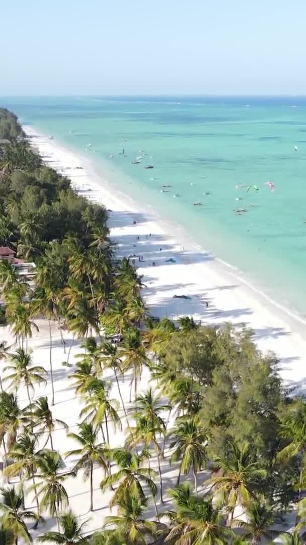 Vertikala videobåtar i havet nära kusten i Zanzibar, Tanzania, antenn utsikt — Stockvideo