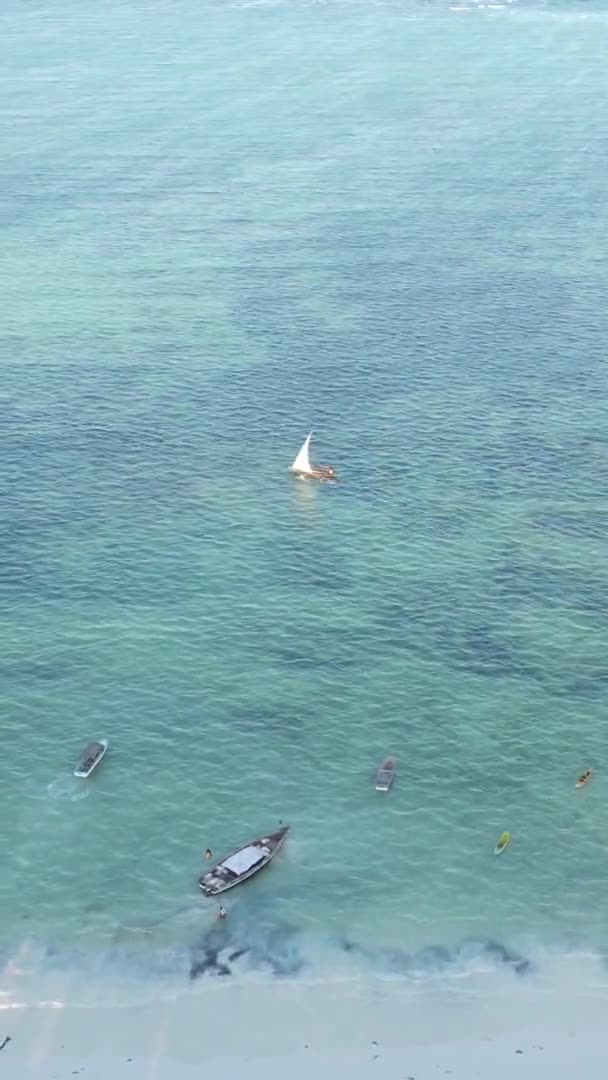 Verticale videoboten in de oceaan bij de kust van Zanzibar, Tanzania, luchtfoto 's — Stockvideo