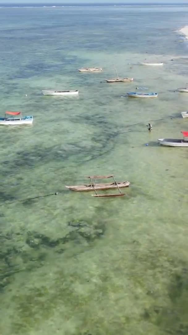 Video barcos verticales en el océano cerca de la costa de Zanzíbar, Tanzania, vista aérea — Vídeos de Stock
