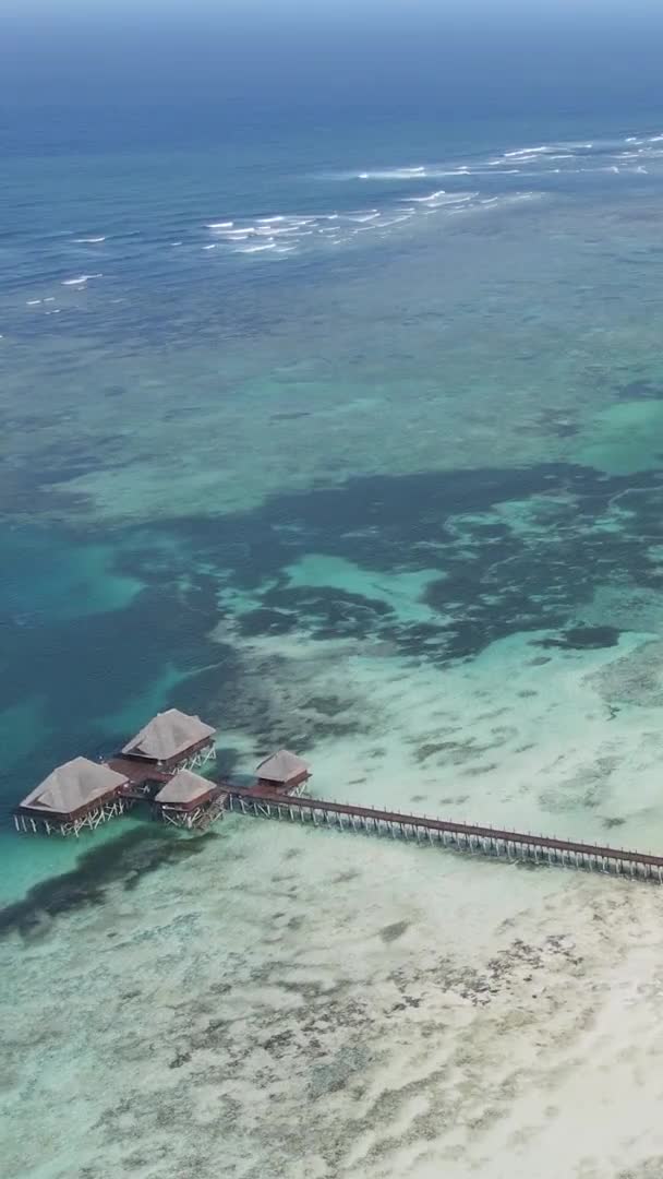 Video house verticale su palafitte nell'oceano sulla costa di Zanzibar, Tanzania, vista aerea — Video Stock