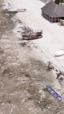Tanzanya 'nın Zanzibar kıyısındaki okyanusta alçak gelgitin dikey videosu.