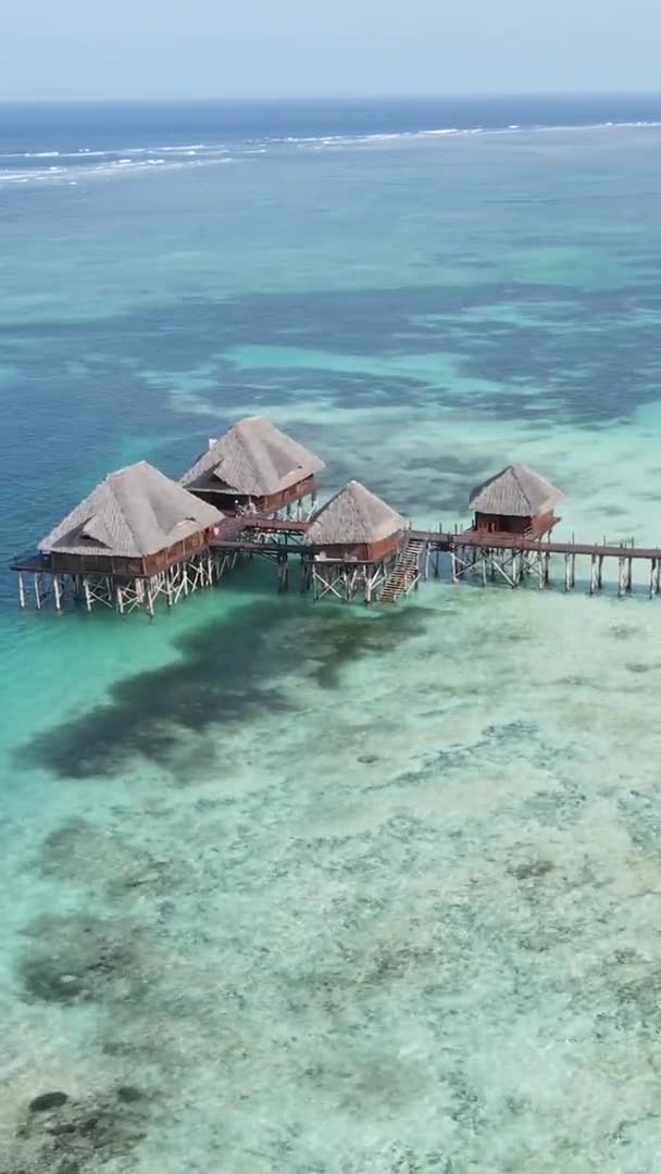Vertikal video hus på styltor i havet på kusten av Zanzibar, Tanzania, antenn utsikt — Stockvideo