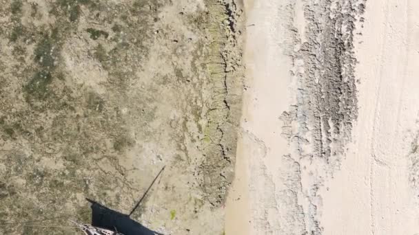 Vídeo vertical de la marea baja en el océano cerca de la costa de Zanzíbar, Tanzania, vista aérea — Vídeos de Stock
