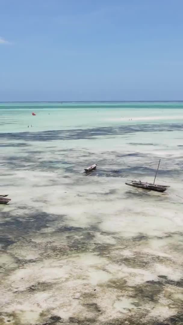 Vertikales Video von Ebbe im Ozean nahe der Küste von Sansibar, Tansania, Luftaufnahme — Stockvideo