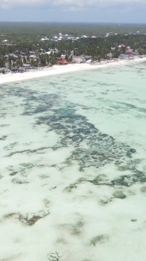 Tanzanya 'nın Zanzibar kıyısındaki okyanusta alçak gelgitin dikey videosu.