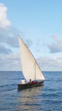 Tanzanya, dikey video - tekne, Zanzibar kıyısı yakınlarında okyanusta kayıklar, hava manzarası