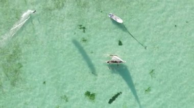 Tanzanya, dikey video - tekne, Zanzibar kıyısı yakınlarında okyanusta kayıklar, hava manzarası