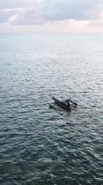 Tanzanya, dikey video - tekne, Zanzibar kıyısı yakınlarında okyanusta kayıklar, hava manzarası