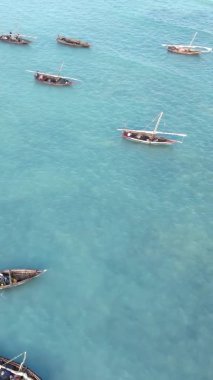 Tanzanya, dikey video - tekne, Zanzibar kıyısı yakınlarında okyanusta kayıklar, hava manzarası