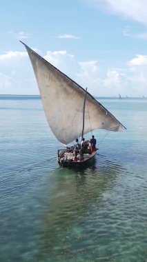 Tanzanya, dikey video - tekne, Zanzibar kıyısı yakınlarında okyanusta kayıklar, hava manzarası