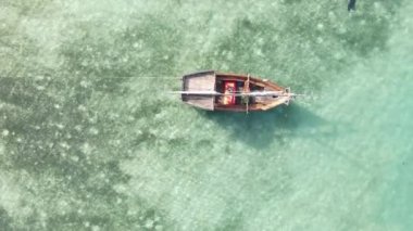 Tanzanya, dikey video - tekne, Zanzibar kıyısı yakınlarında okyanusta kayıklar, hava manzarası