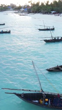 Tanzanya, dikey video - tekne, Zanzibar kıyısı yakınlarında okyanusta kayıklar, hava manzarası